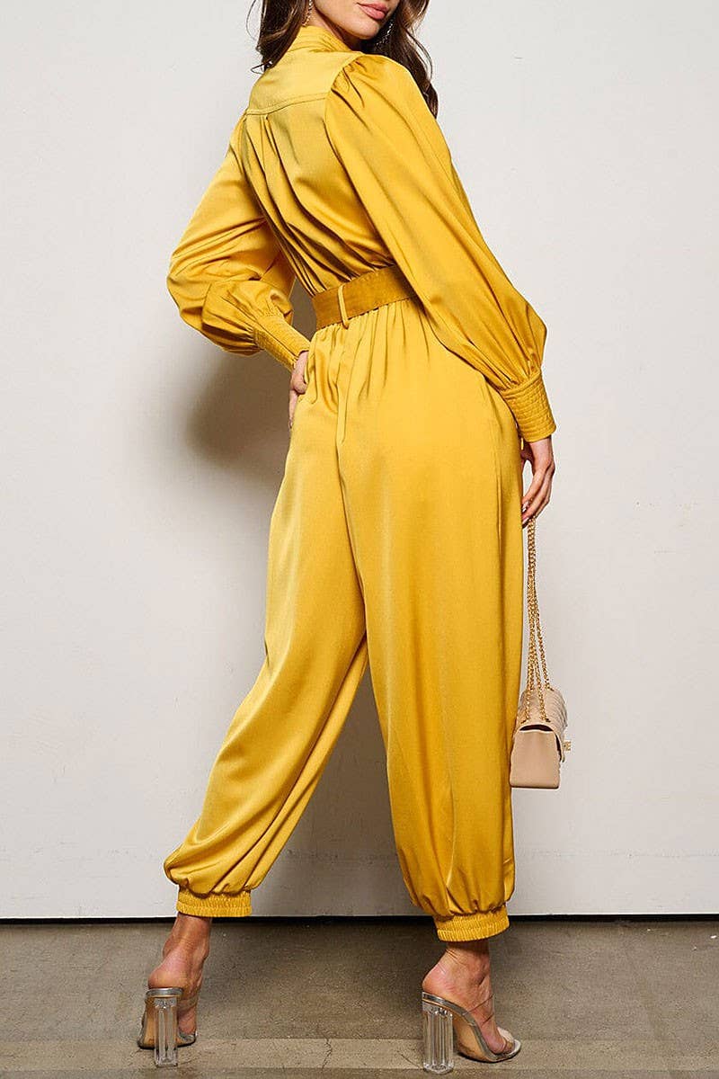 LONG SLEEVE BUTTON UP POCKETS BELTED JUMPSUIT