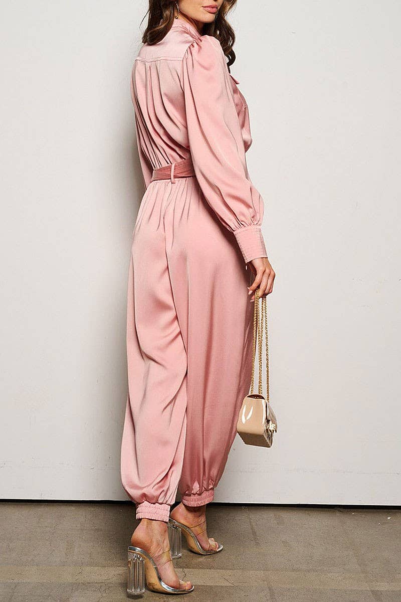 LONG SLEEVE BUTTON UP POCKETS BELTED JUMPSUIT