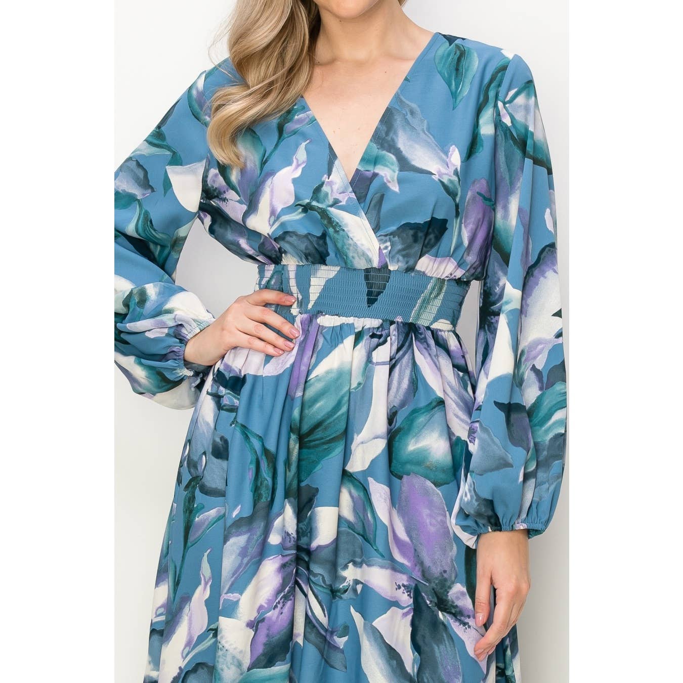 OL24A140-LONG SLEEVE STRETCH WAIST MAXI DRESS