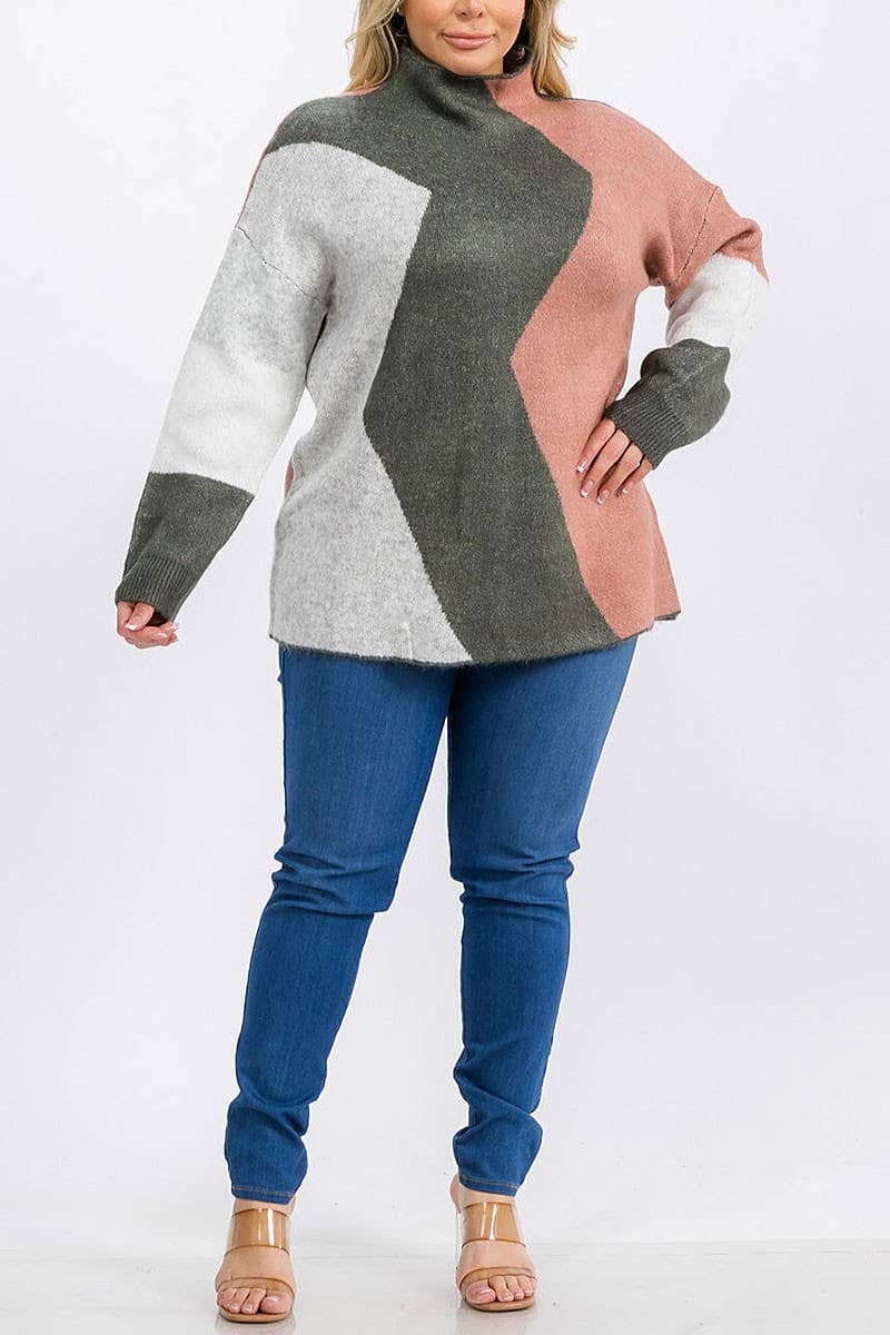 LONG SLEEVE MOCK NECK COLORBLOCK PULLOVER SWEATER