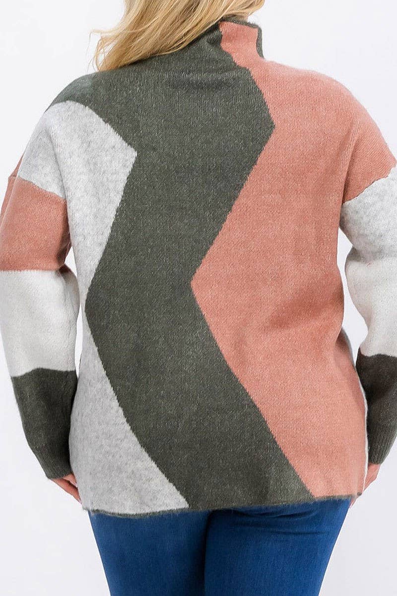 LONG SLEEVE MOCK NECK COLORBLOCK PULLOVER SWEATER