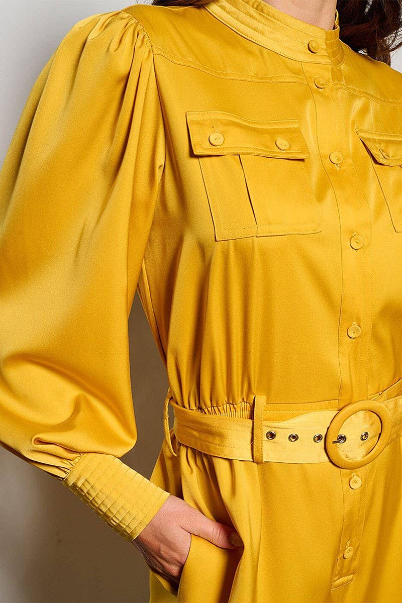 LONG SLEEVE BUTTON UP POCKETS BELTED JUMPSUIT