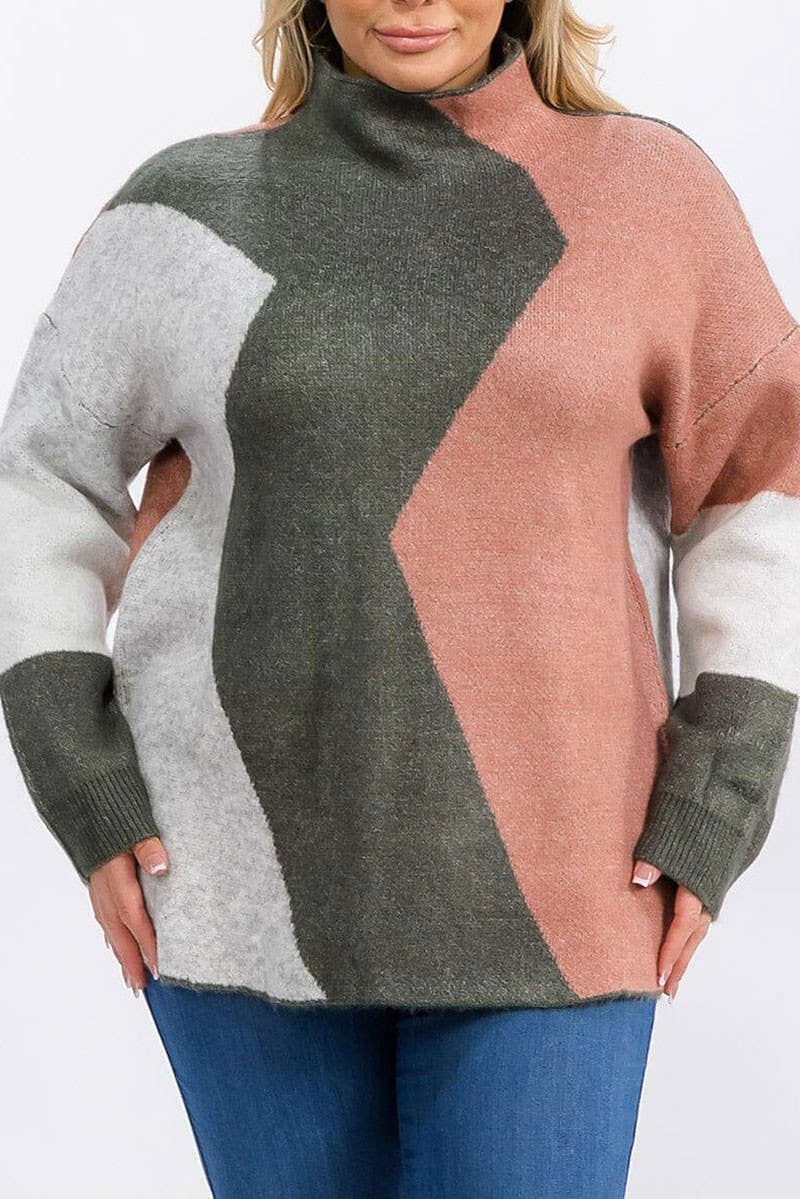 LONG SLEEVE MOCK NECK COLORBLOCK PULLOVER SWEATER