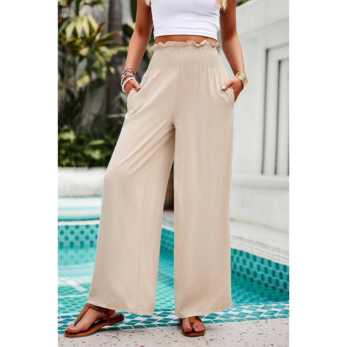 High Elastic Waist Wide Straight Leg Pockets Pants