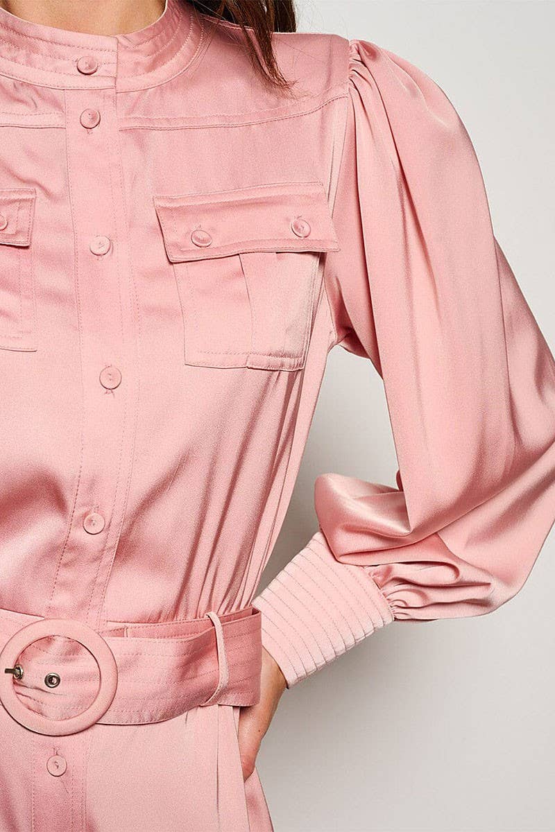 LONG SLEEVE BUTTON UP POCKETS BELTED JUMPSUIT