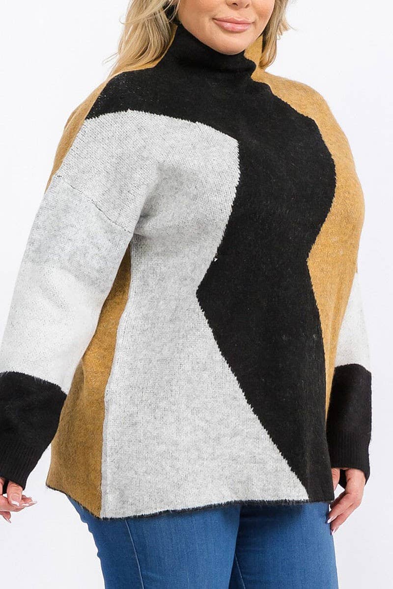 LONG SLEEVE MOCK NECK COLORBLOCK PULLOVER SWEATER