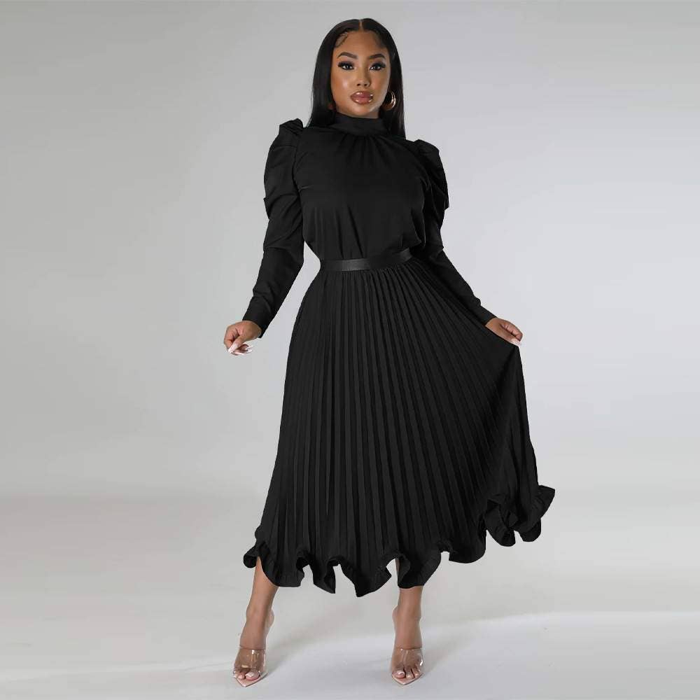 Skirt sets for women mock neck puff long sleeve