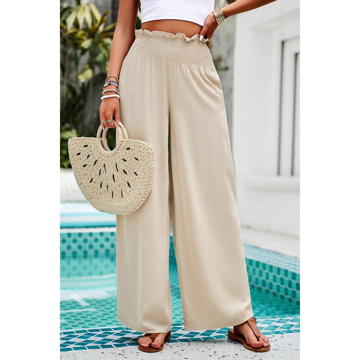 High Elastic Waist Wide Straight Leg Pockets Pants