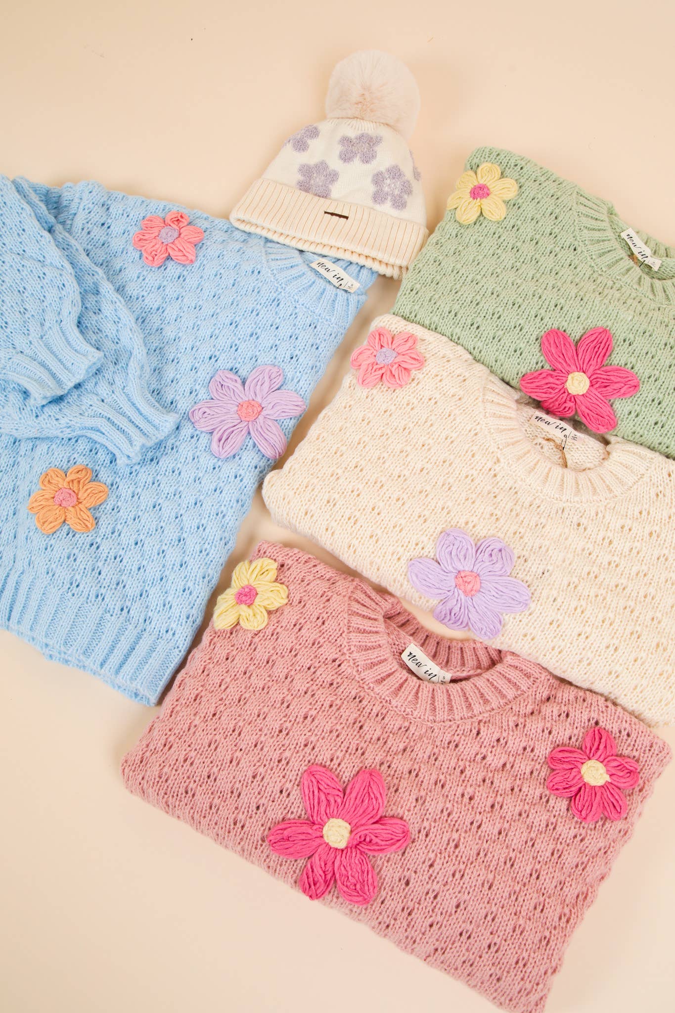12W3111N-Hand Made Flower Applique Knit Sweater Top