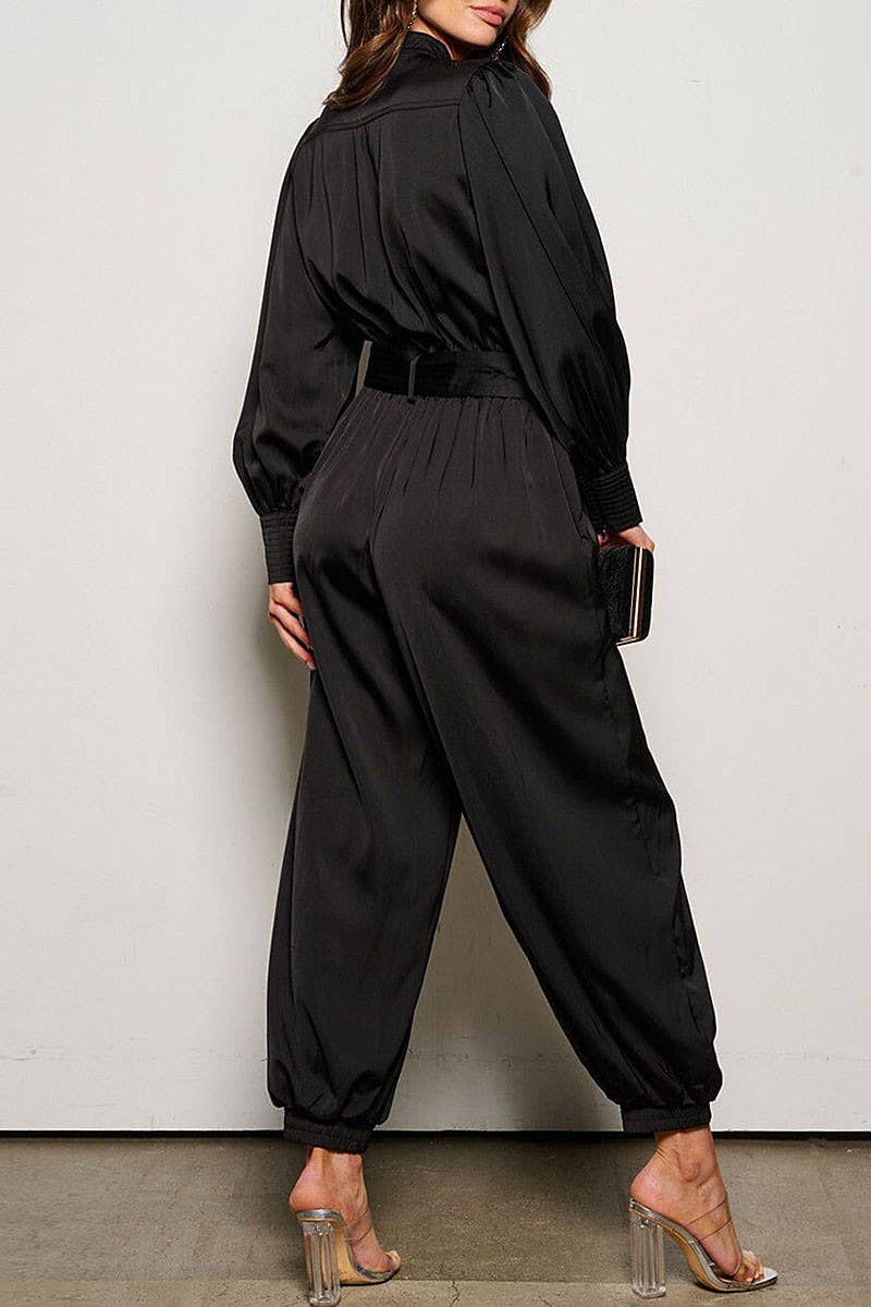 LONG SLEEVE BUTTON UP POCKETS BELTED JUMPSUIT