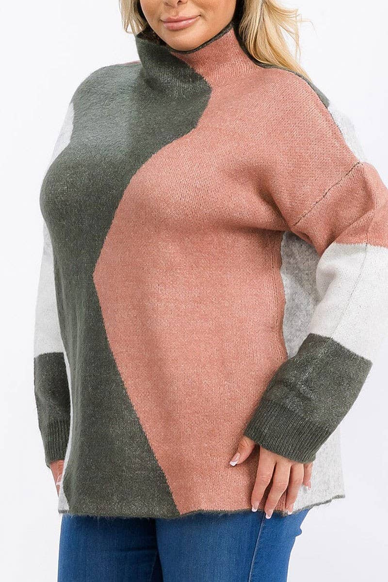 LONG SLEEVE MOCK NECK COLORBLOCK PULLOVER SWEATER