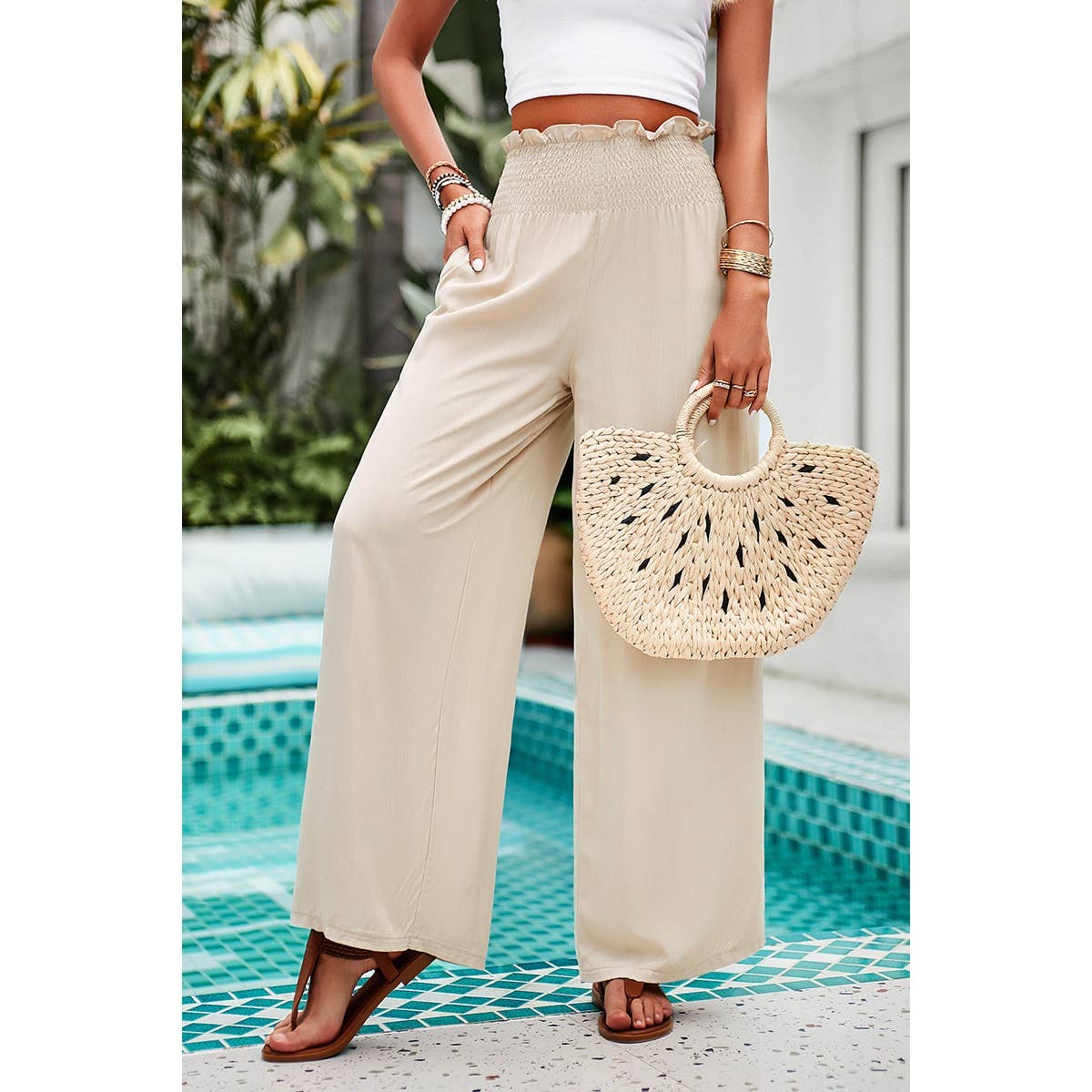 High Elastic Waist Wide Straight Leg Pockets Pants