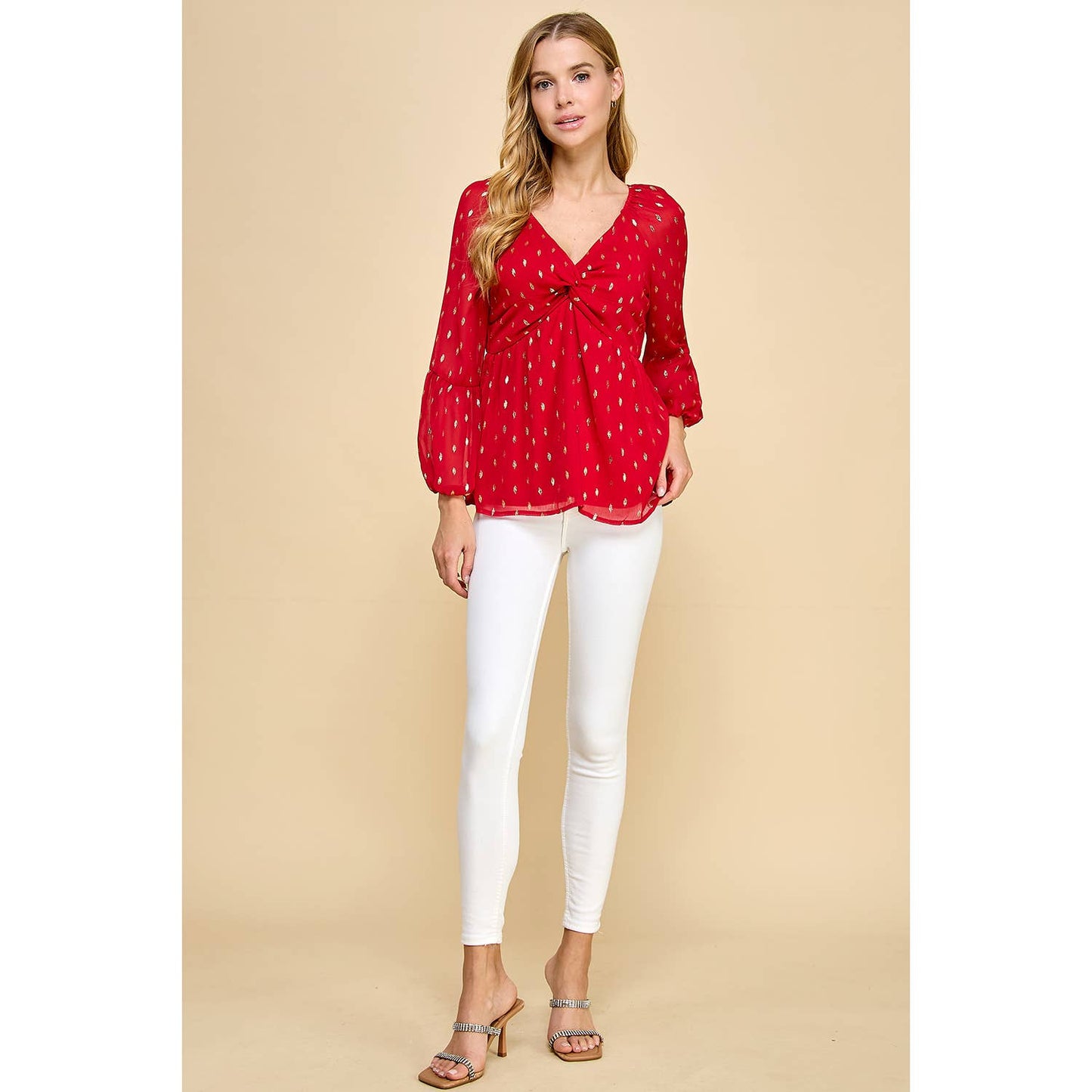 FOIL DOT CHIFFON LONG SLEEVE TWIST BODICE TOP T8262110F