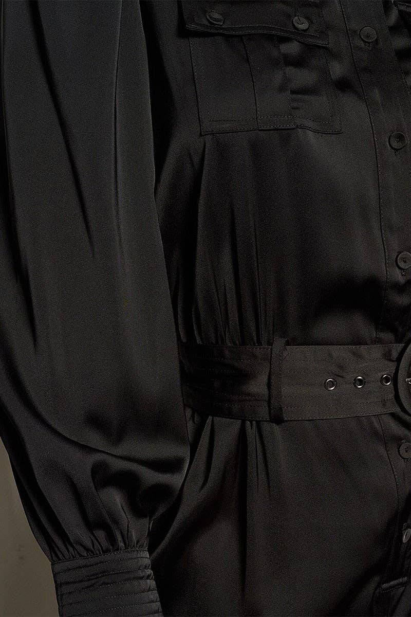 LONG SLEEVE BUTTON UP POCKETS BELTED JUMPSUIT