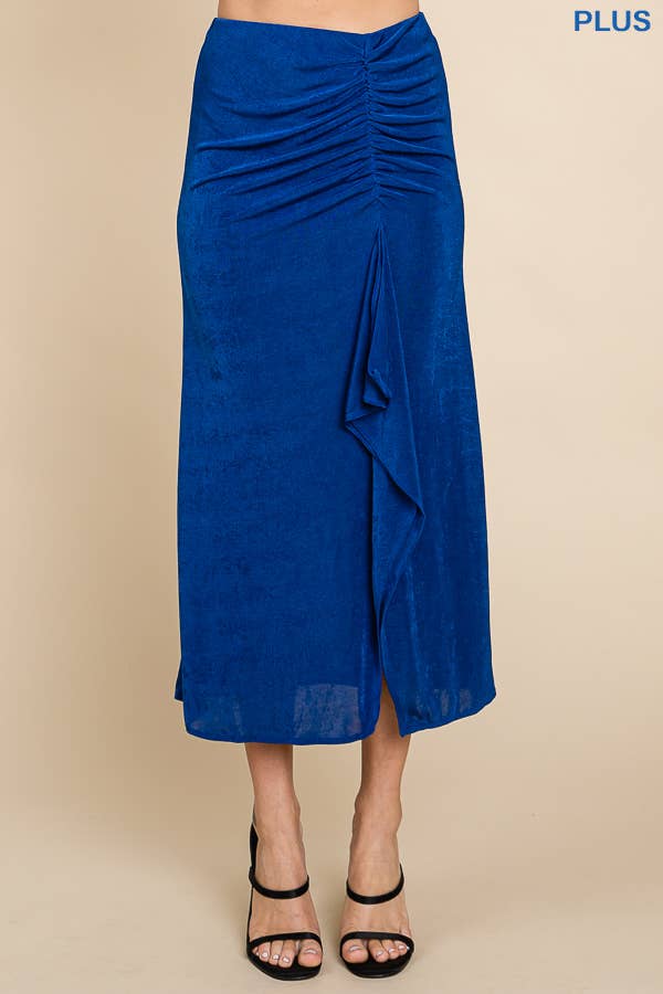 CBR1229X-Plus Ruching Drape Midi Solid Skirt