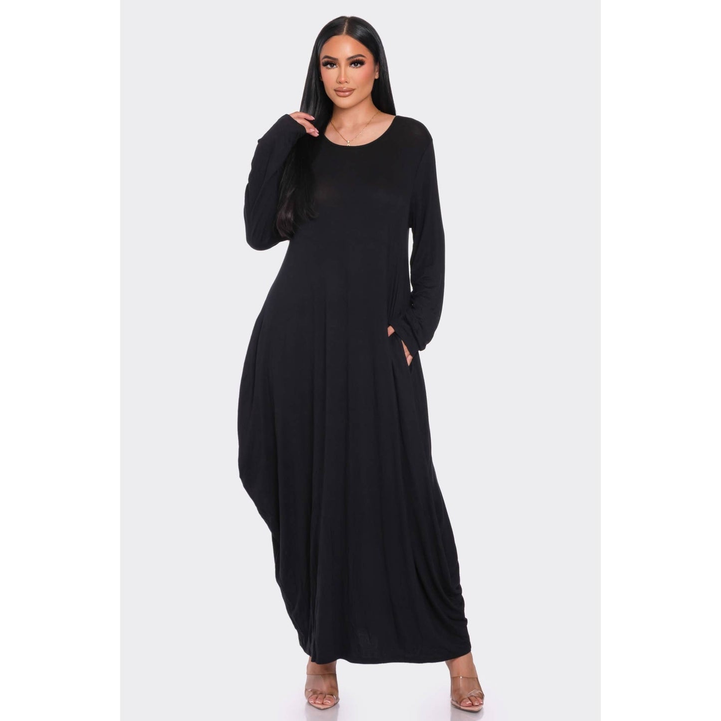 Solid Maxi Long Sleeve Tunic Dress with Pockets