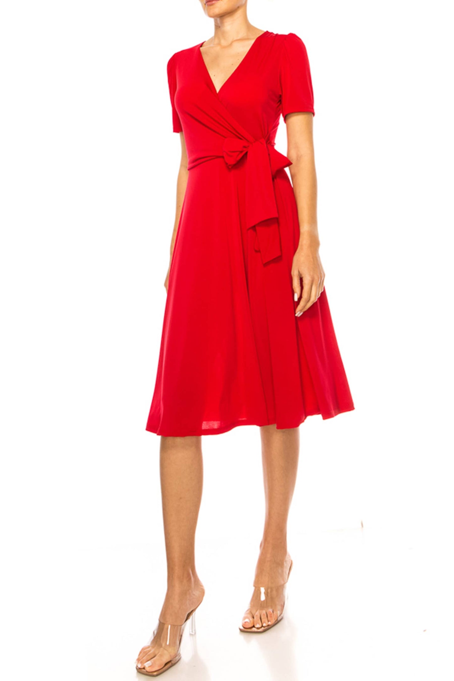 Stylish Solid Faux Wrap Dress with Deep V-Neck