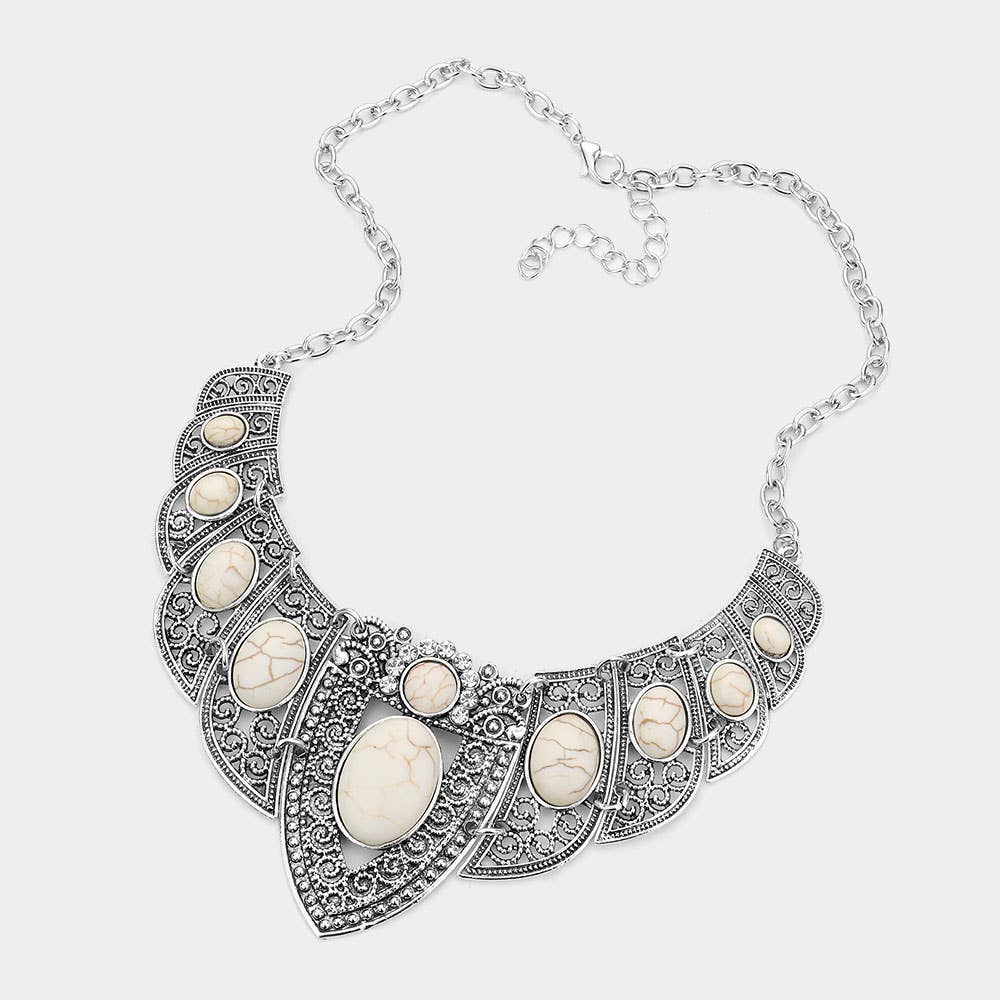 Antique Metal Natural Stone Embellished Necklace