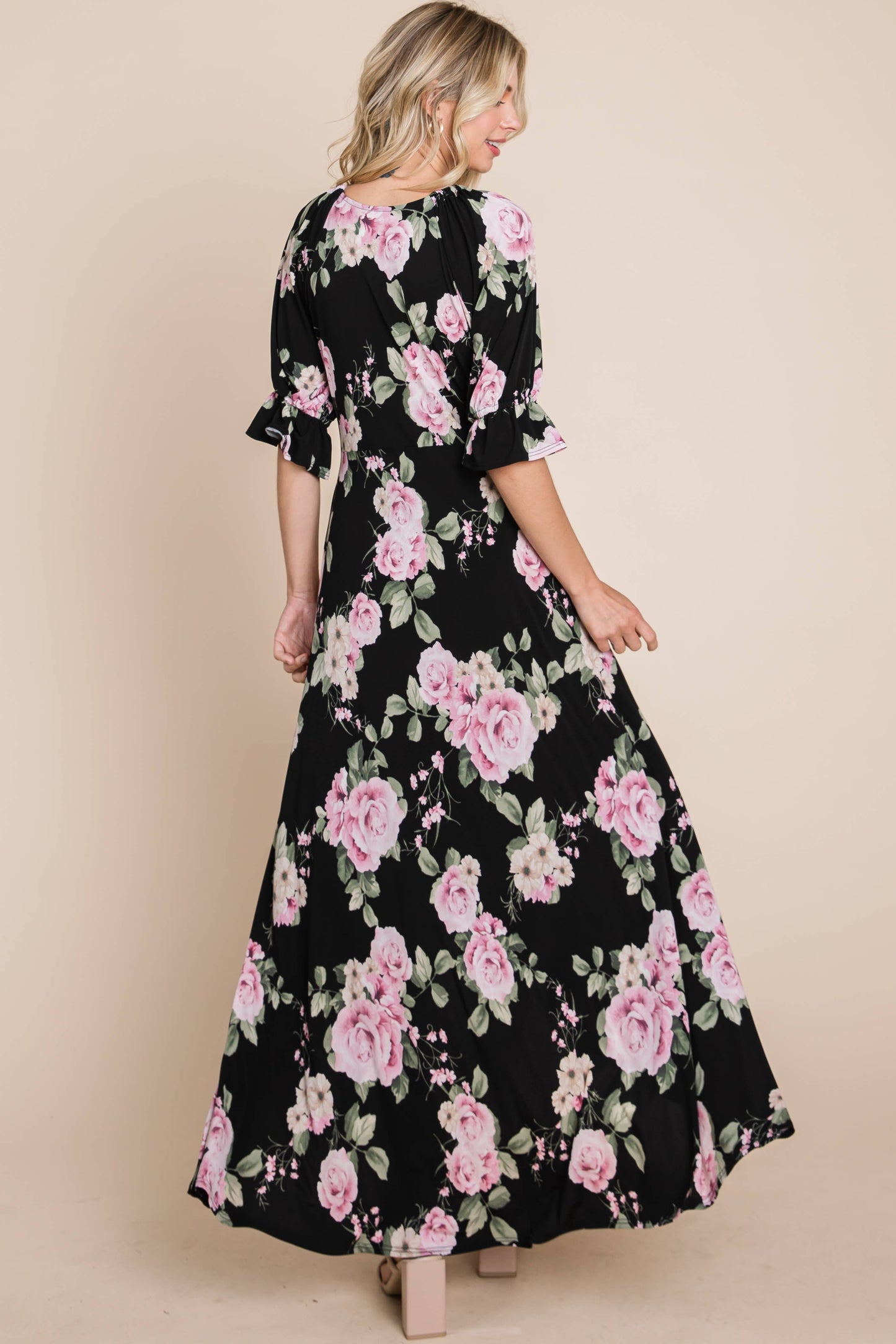 ETD-839 Floral Faux Wrap High Low Maxi Dress