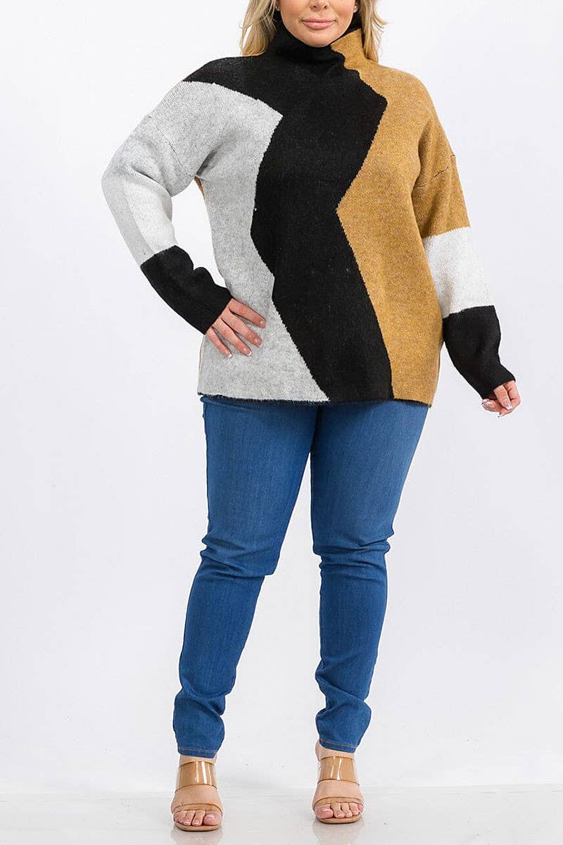LONG SLEEVE MOCK NECK COLORBLOCK PULLOVER SWEATER