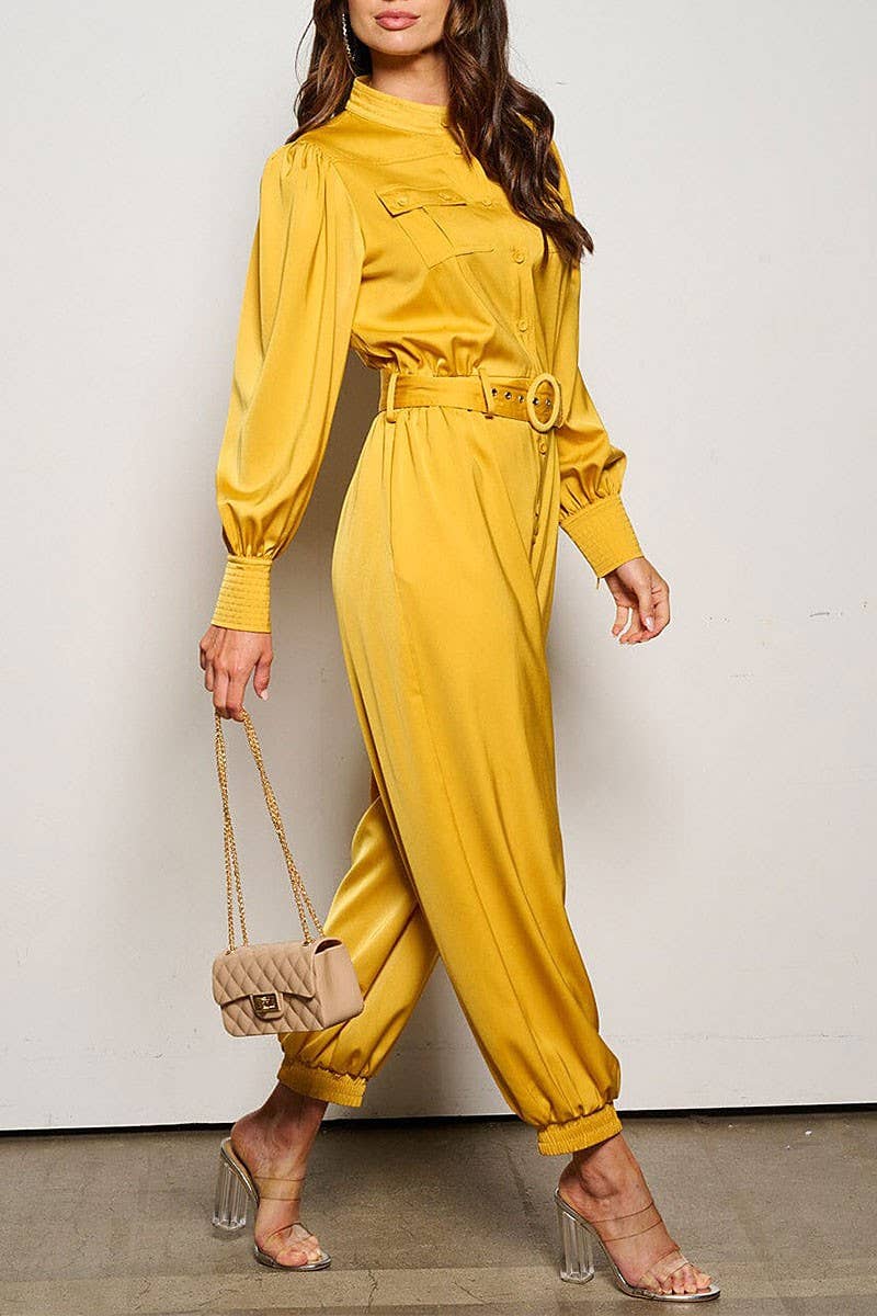 LONG SLEEVE BUTTON UP POCKETS BELTED JUMPSUIT