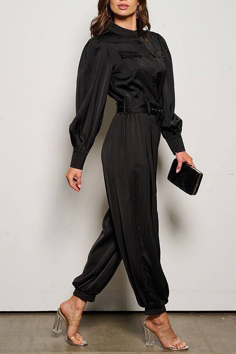 LONG SLEEVE BUTTON UP POCKETS BELTED JUMPSUIT