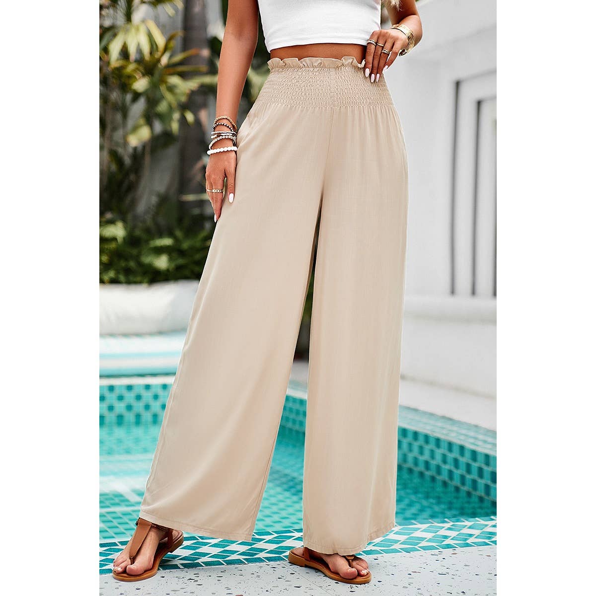 High Elastic Waist Wide Straight Leg Pockets Pants