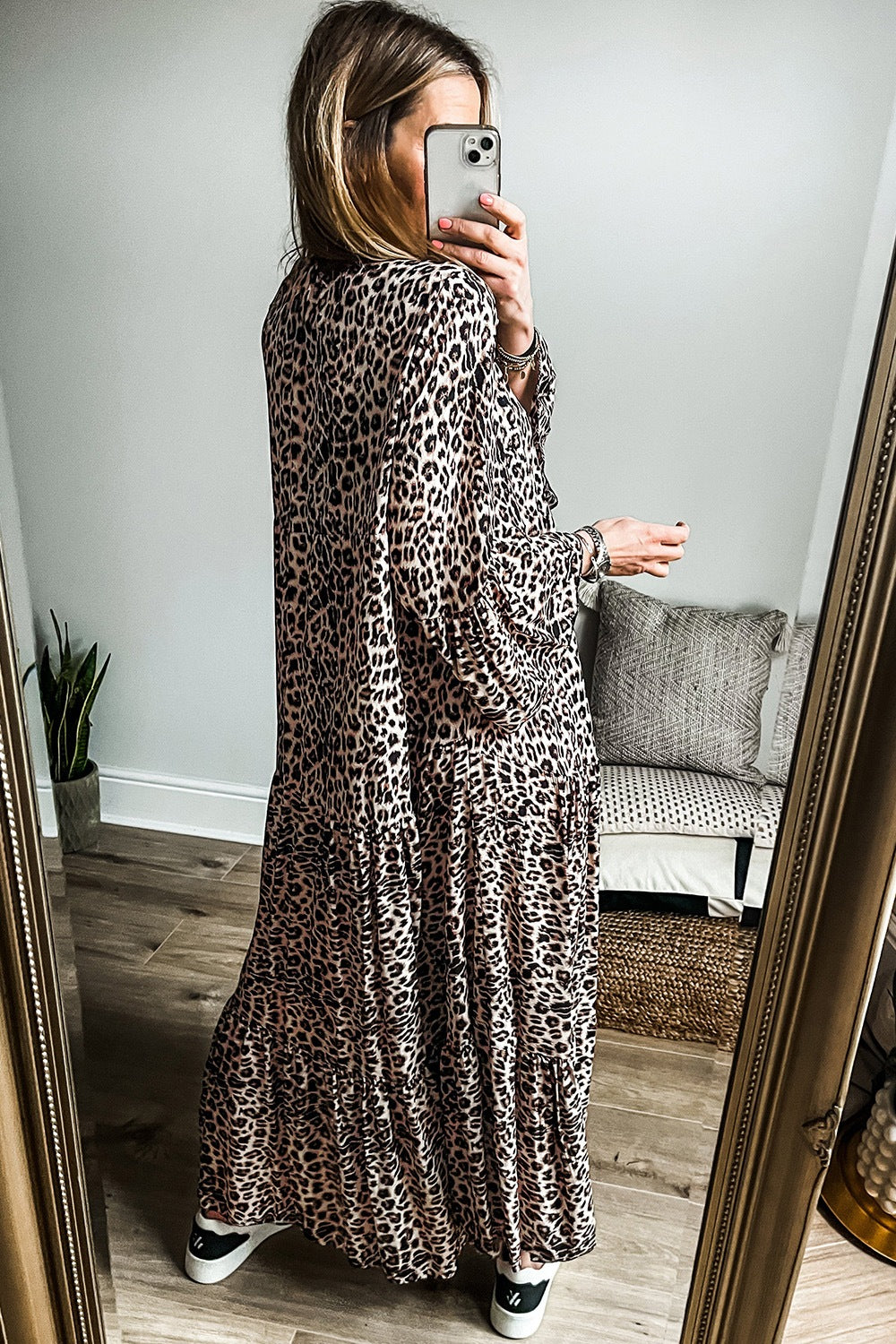 Leopard Notched Long Sleeve Maxi Dress