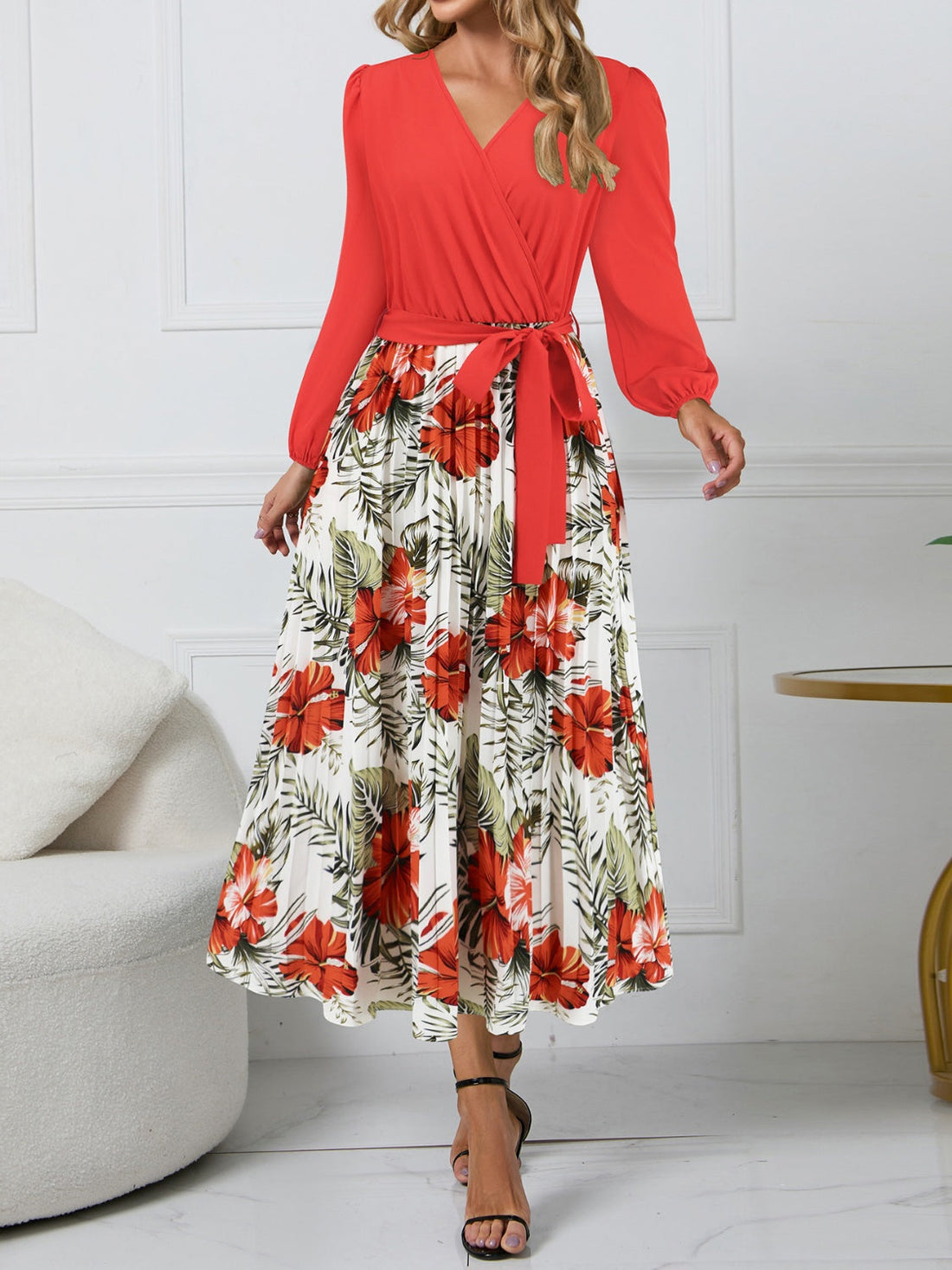 woman wearing red and white skirt floral printed pleated dress