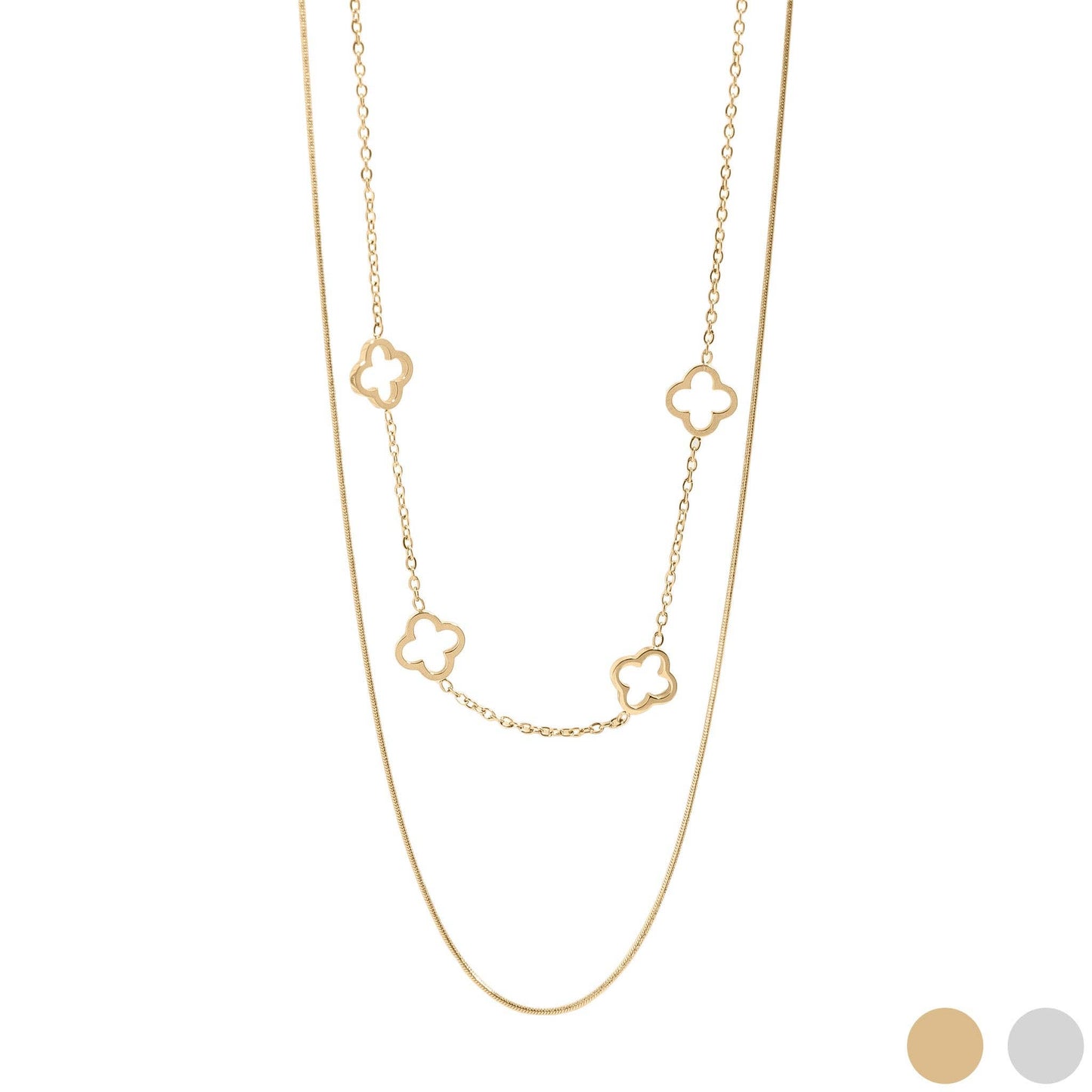 18K Gold PVD Stainless Steel Layered Clover Charm Necklace