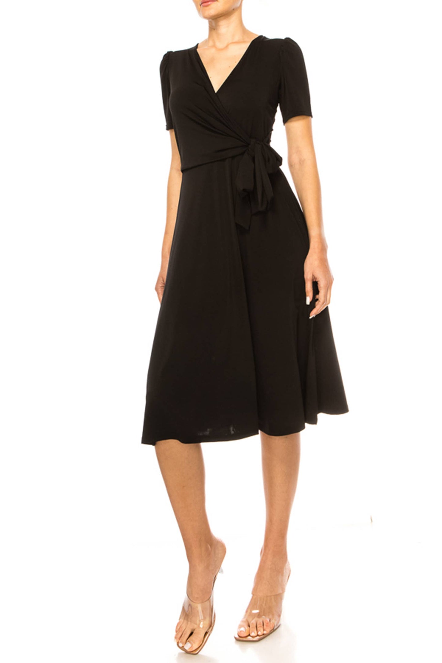 Stylish Solid Faux Wrap Dress with Deep V-Neck