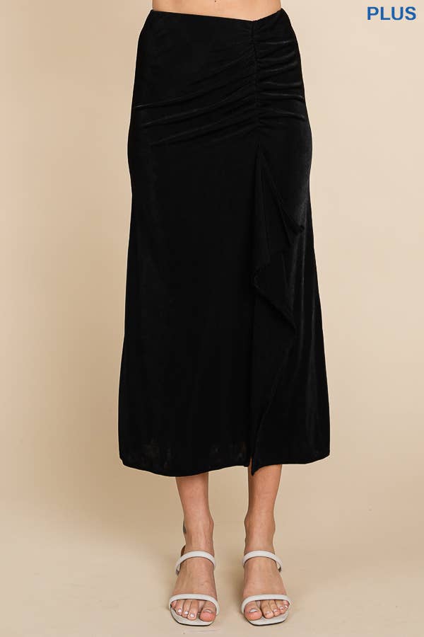 CBR1229X-Plus Ruching Drape Midi Solid Skirt