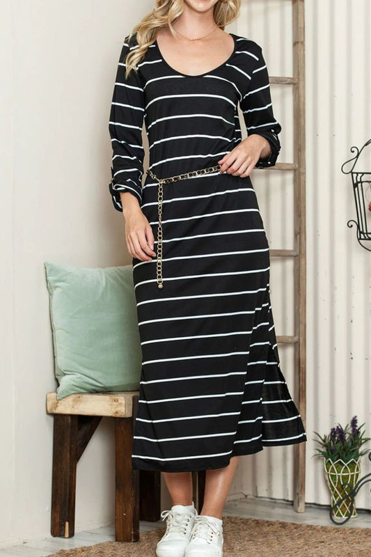 Slit Striped Scoop Neck Long Sleeve Midi Tee Dress