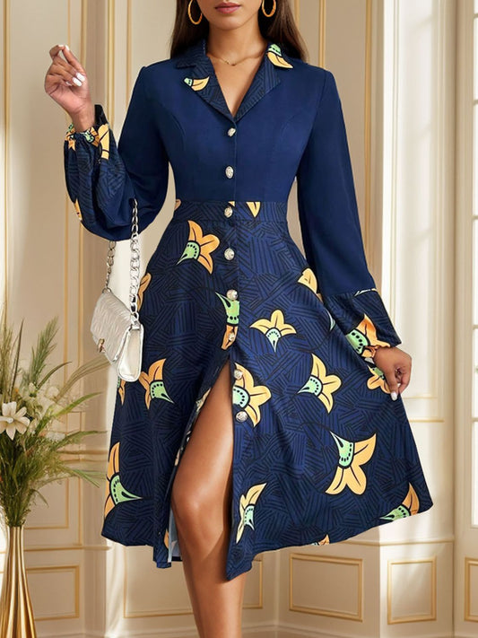 Printed Collared Neck Long Sleeve Dress