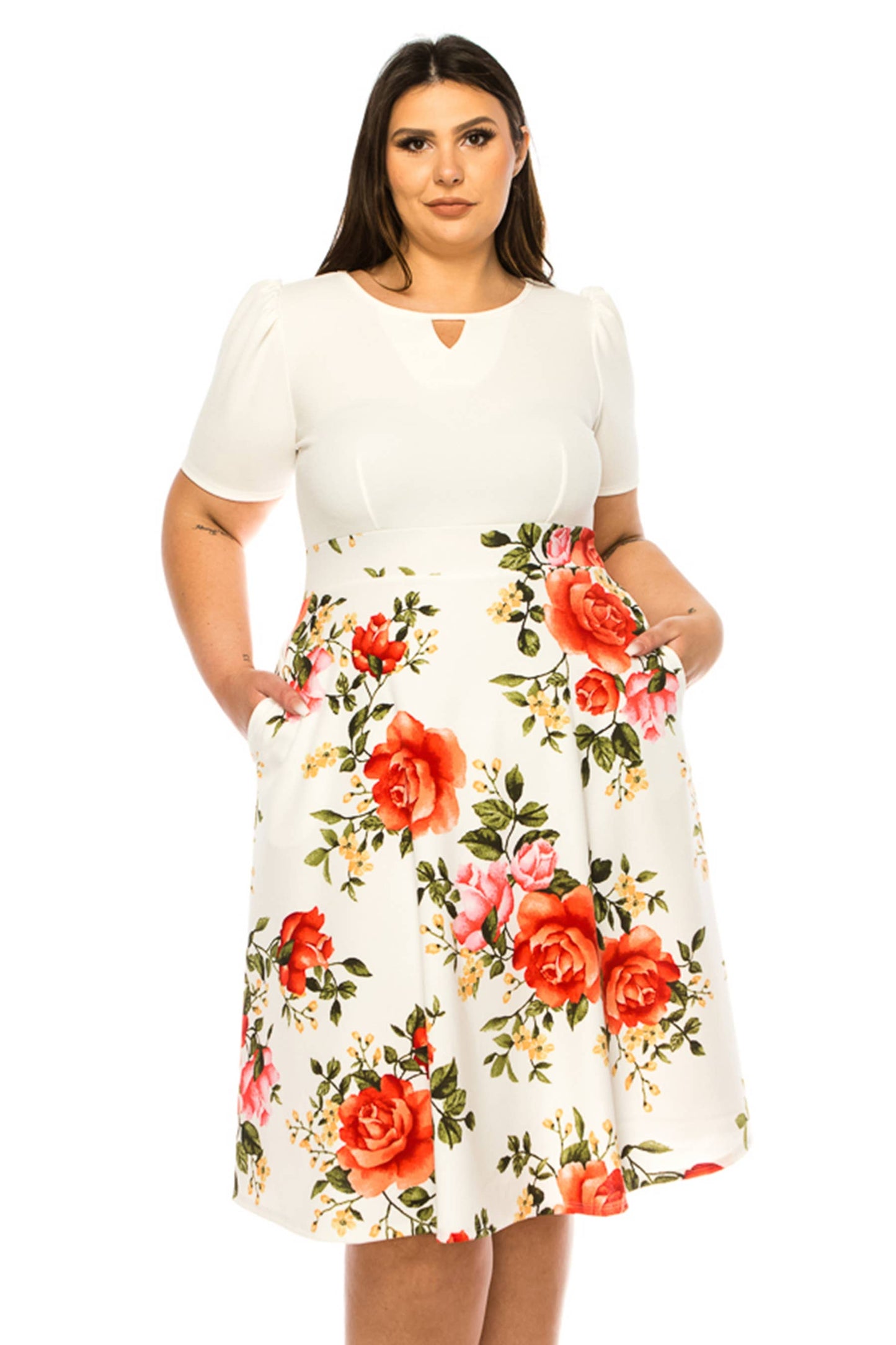 Women's Plus Size Dress with Puff Sleeves and Keyhole Front