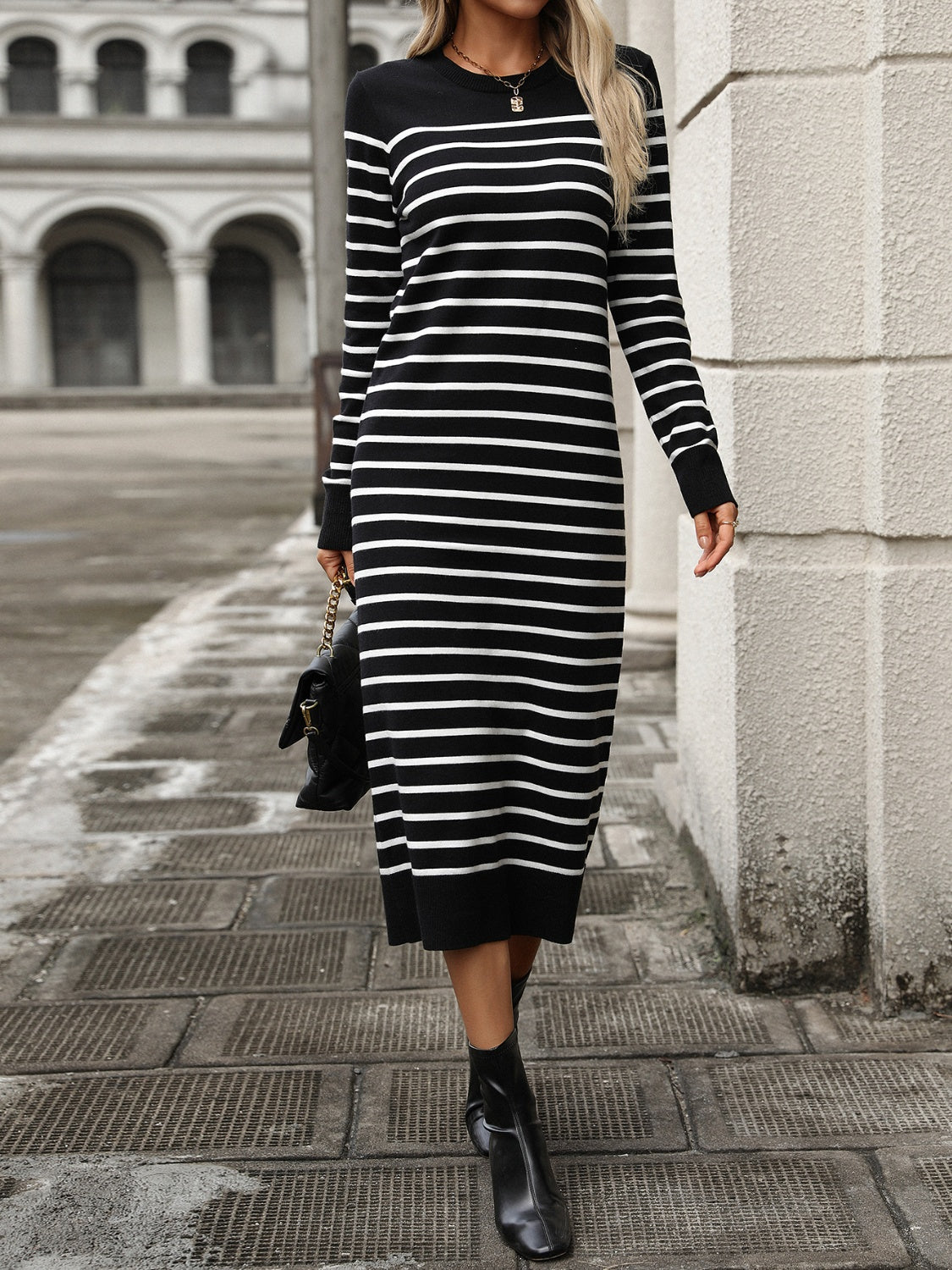 Striped Round Neck Long Sleeve Dress