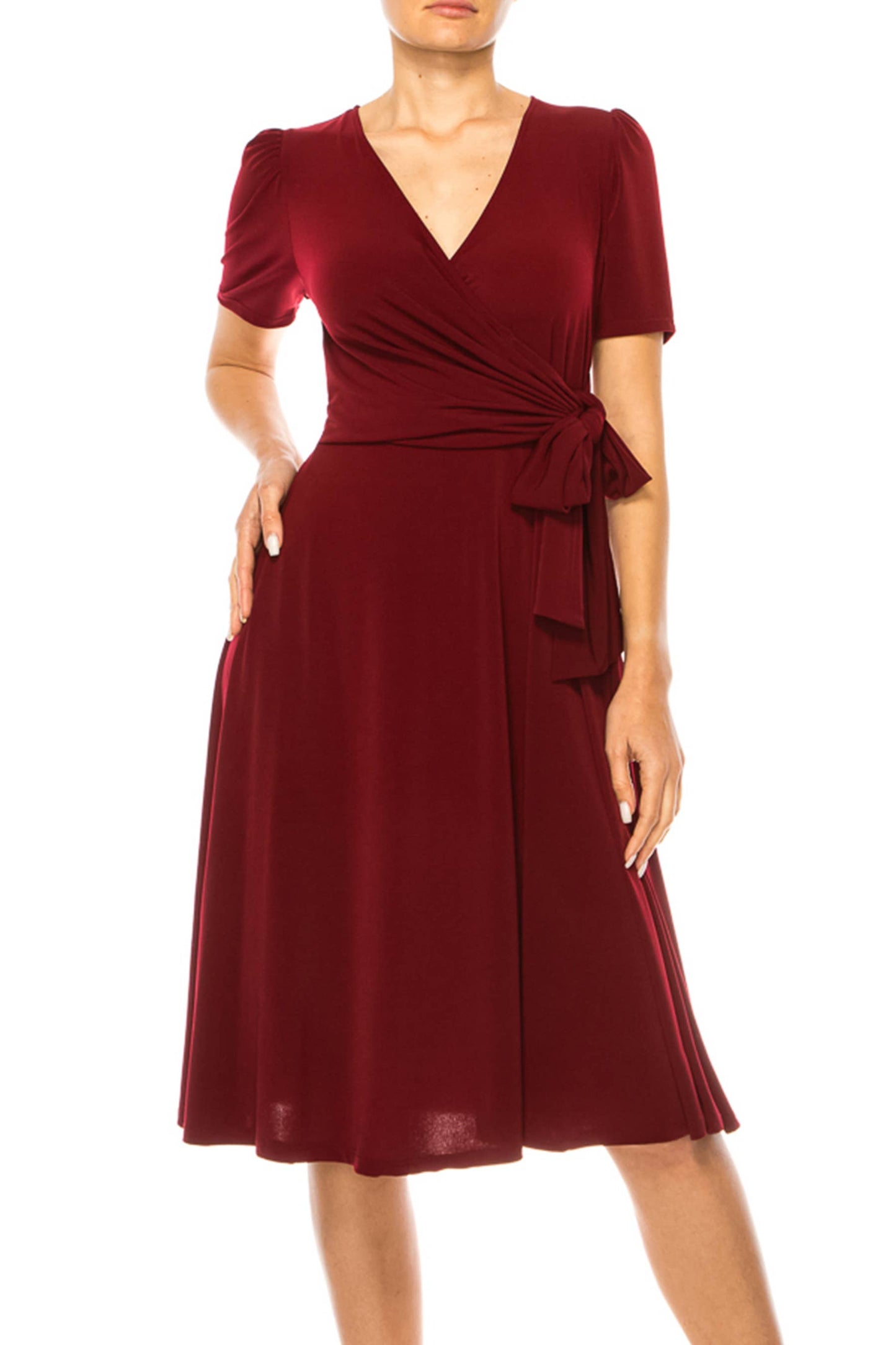Stylish Solid Faux Wrap Dress with Deep V-Neck