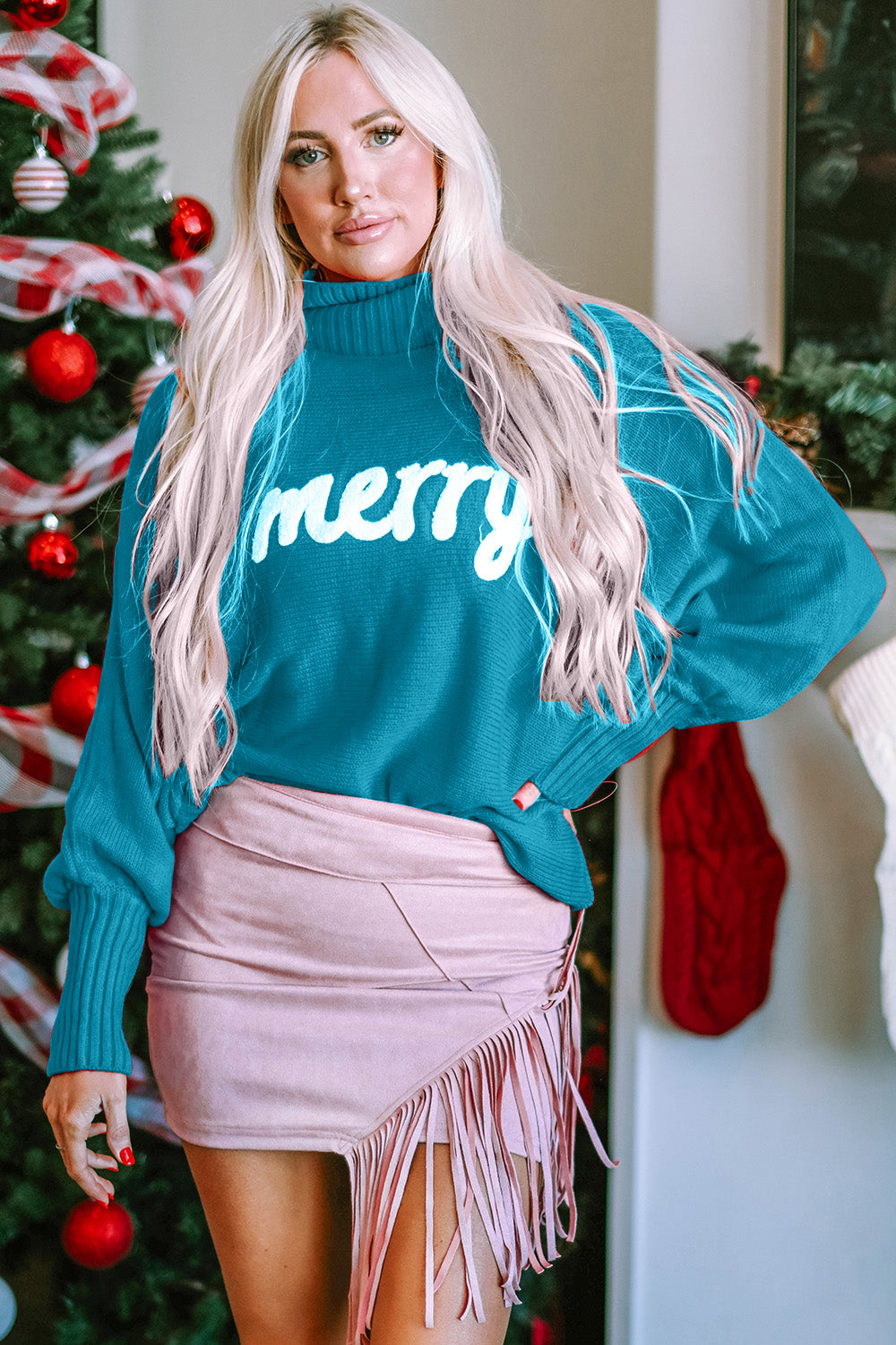 Full Size Merry Christmas Turtleneck Long Sleeve Sweater