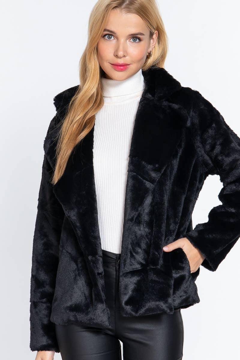 ..._ SI-21480 NOTCHED COLLAR OPEN FRONT  FAUX FUR JACKET