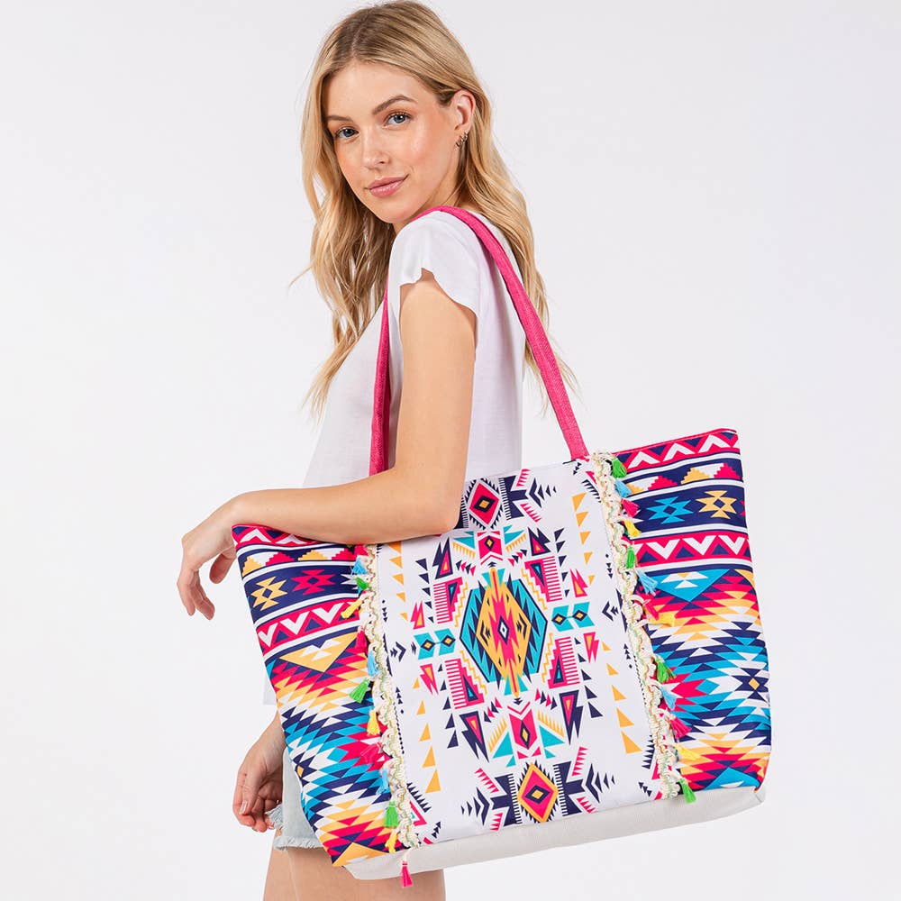 Boho Print Fringe Tote Bag