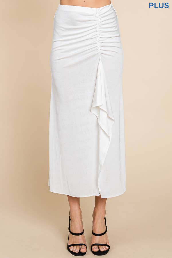 CBR1229X-Plus Ruching Drape Midi Solid Skirt