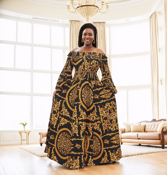 (7556-455) Women's Off Shoulder African Print Black Dress