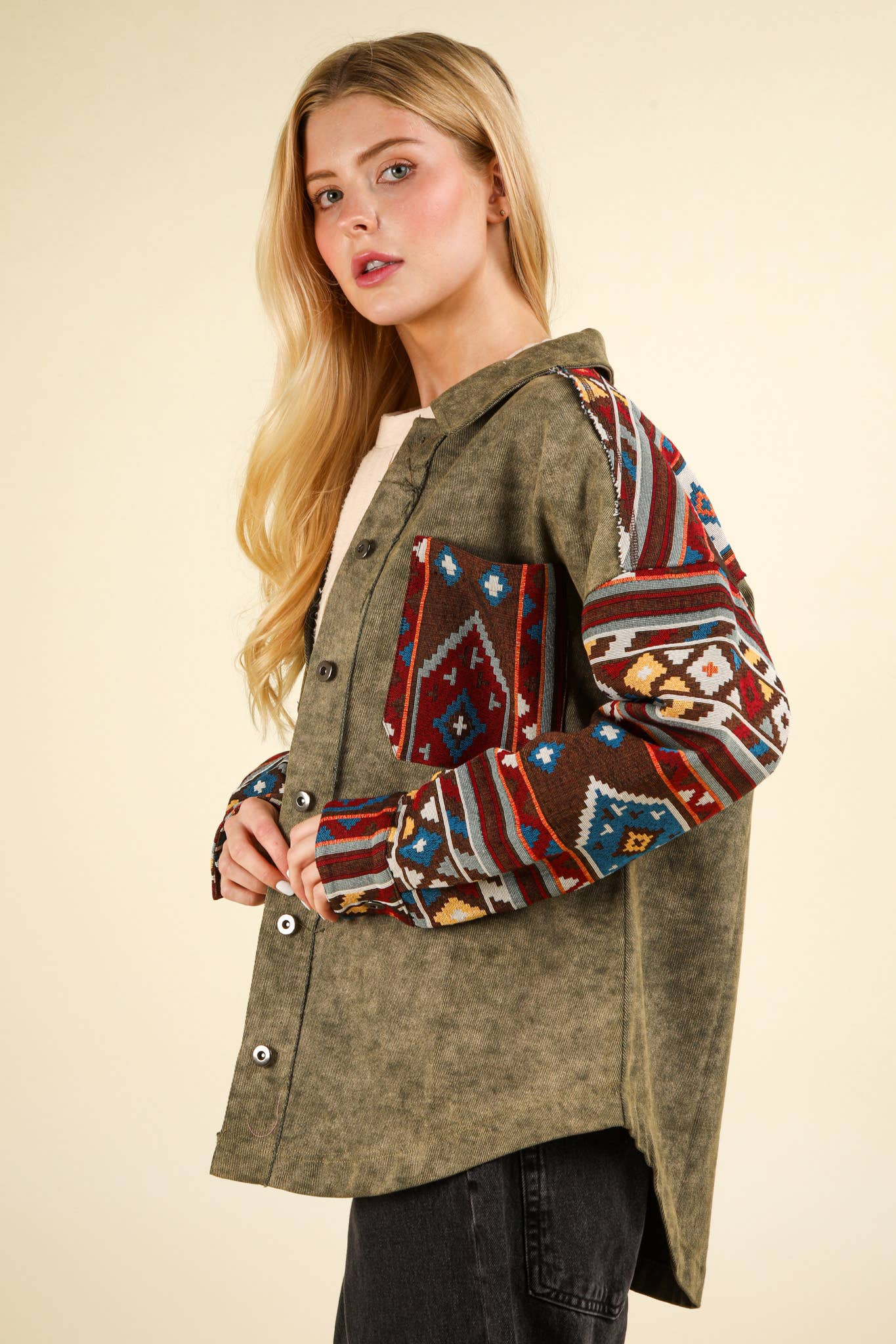 NJ90328-Aztec Graphic Oversized Button Down Shacket Jacket