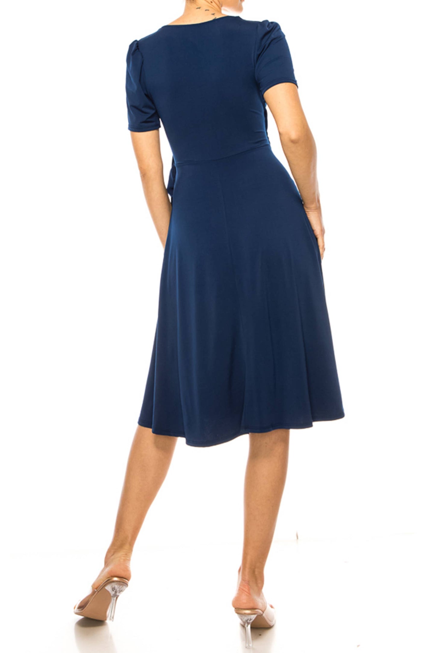 Stylish Solid Faux Wrap Dress with Deep V-Neck