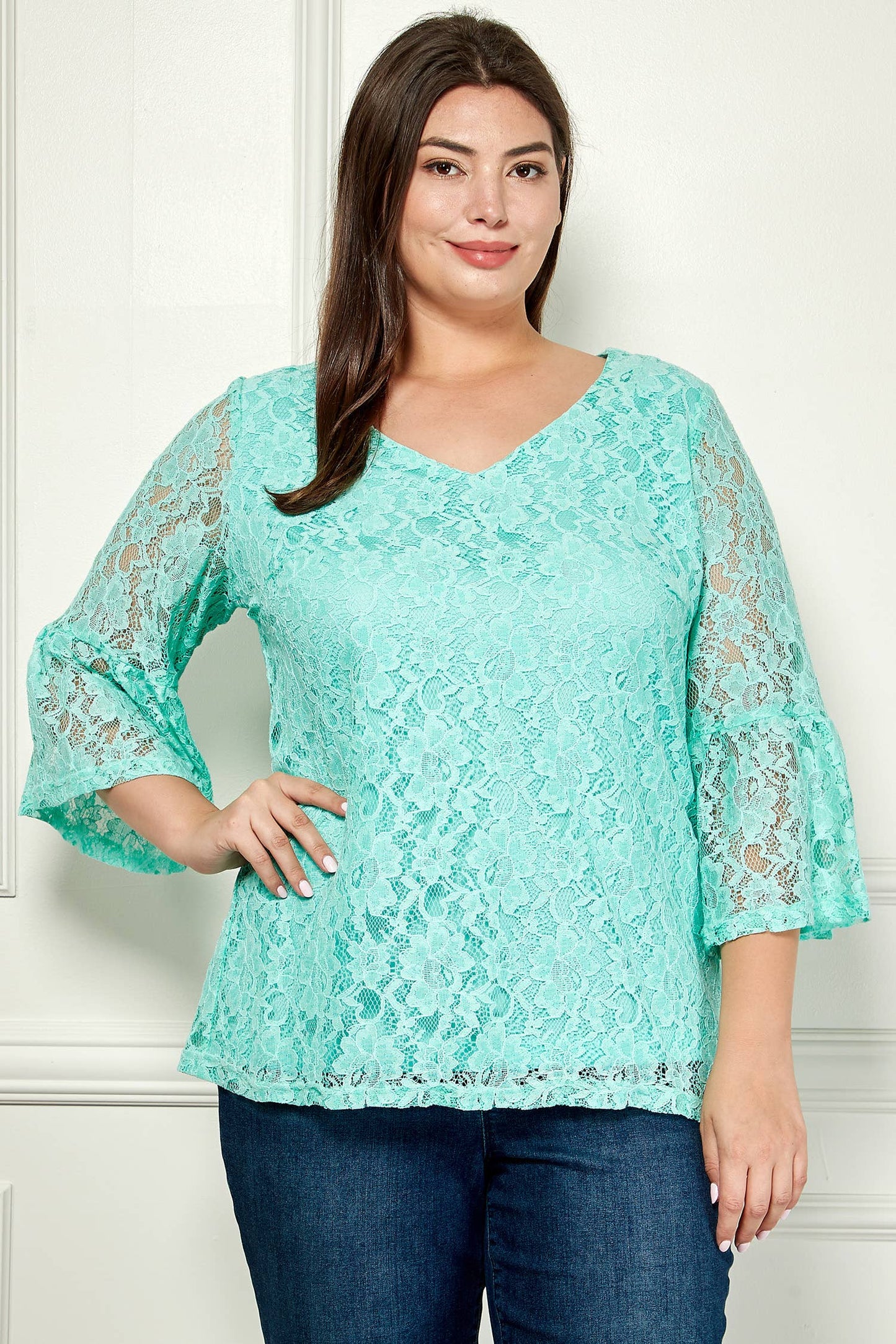 PLUS SIZE V- NECK ELBOW SLEEVE LACE TOP G9018250PX