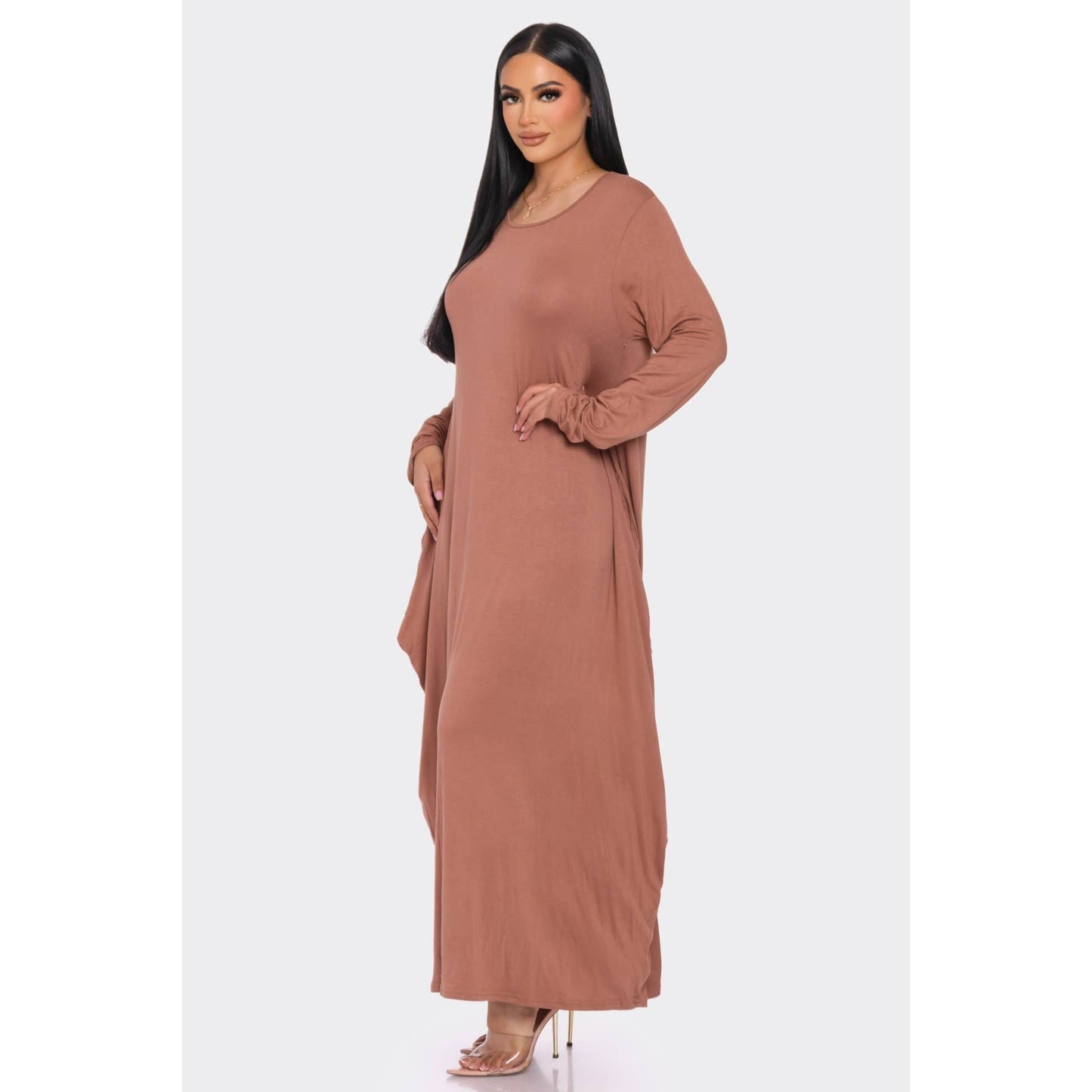Solid Maxi Long Sleeve Tunic Dress with Pockets