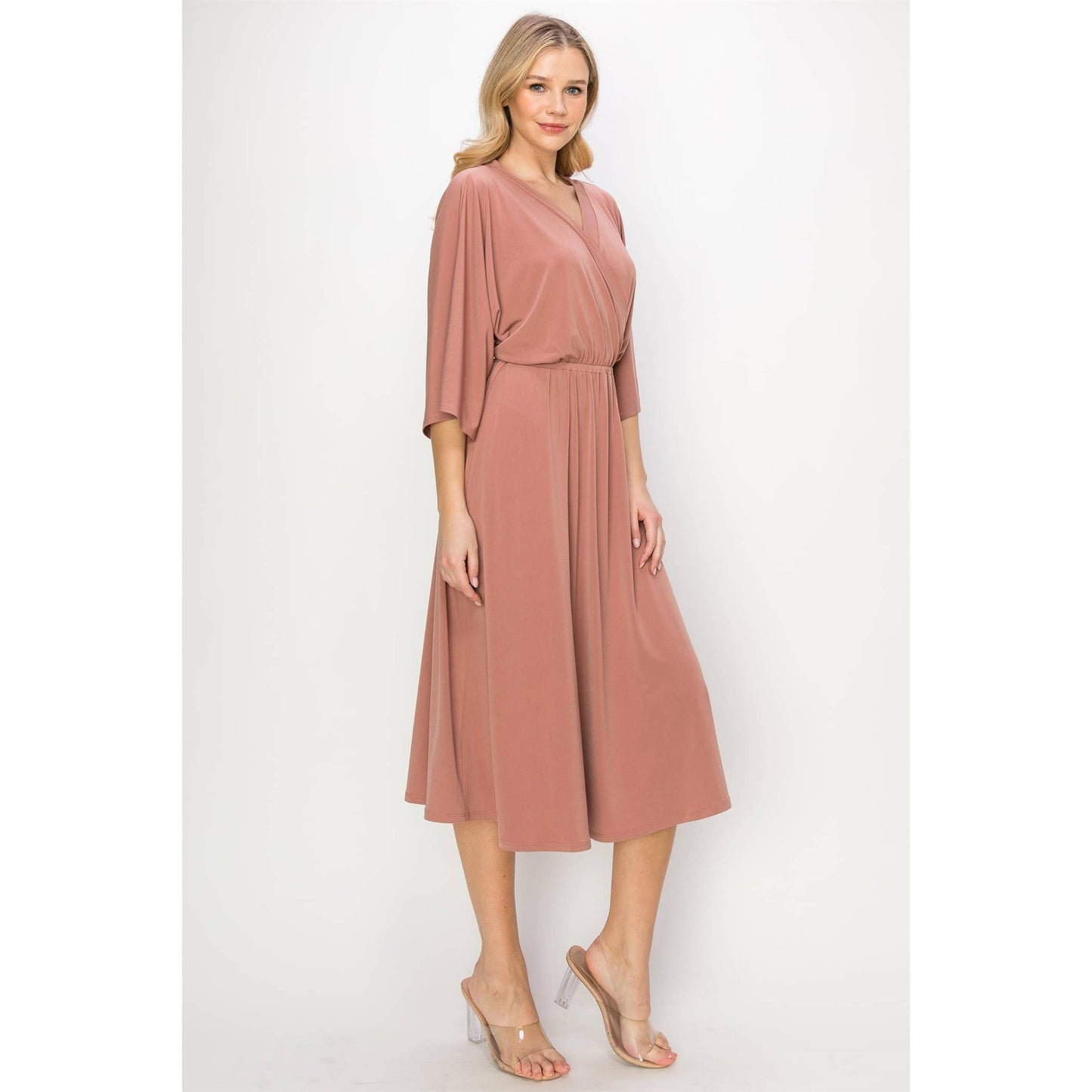 ELEGANT SOLID SURPLICE MIDI DRESS