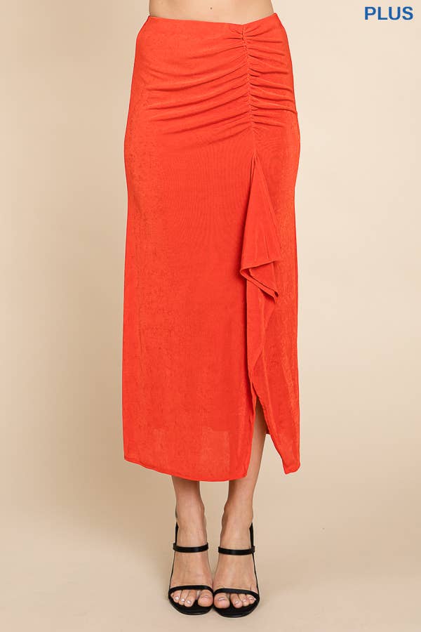 CBR1229X-Plus Ruching Drape Midi Solid Skirt