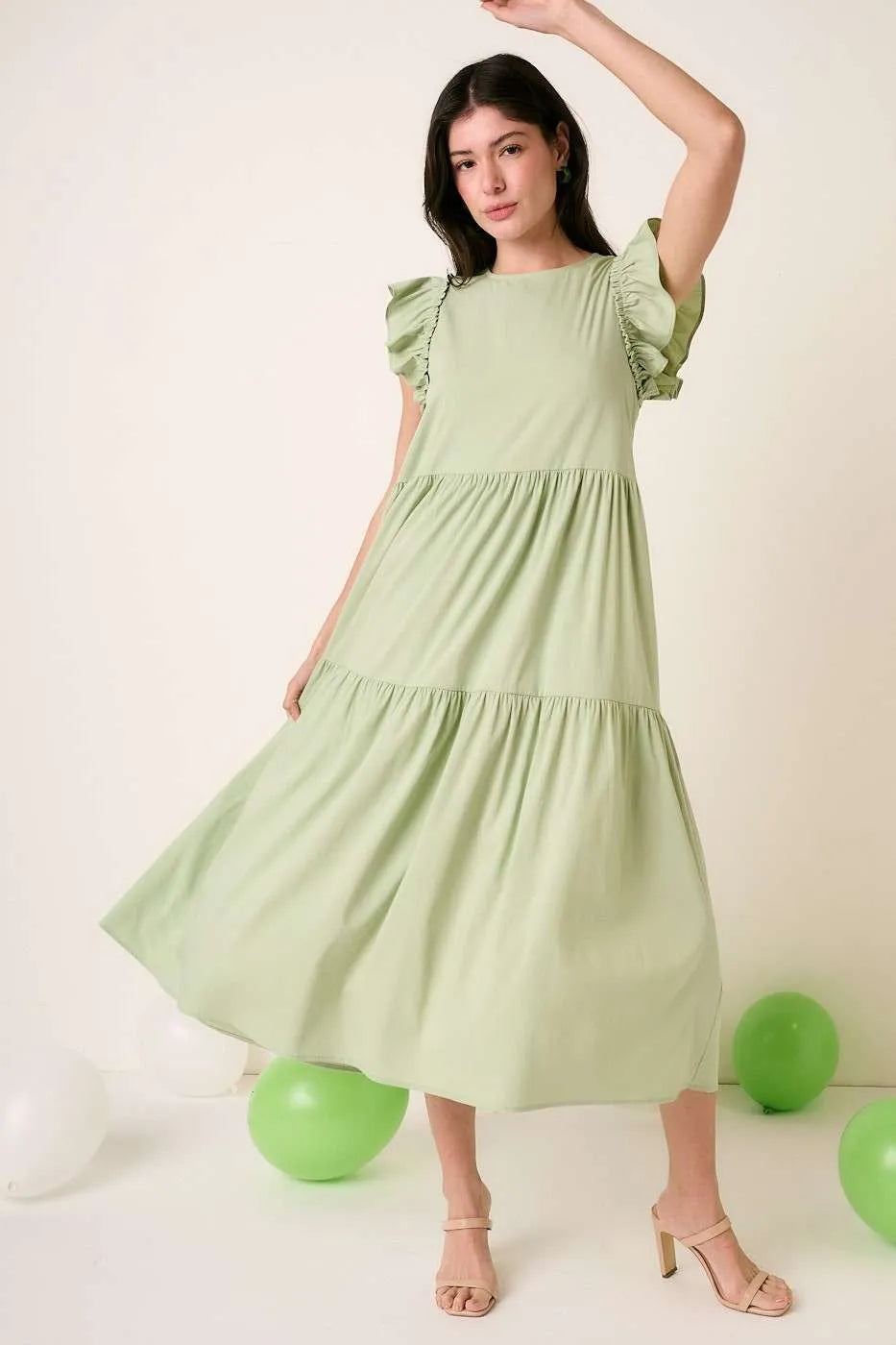 tiered maxi dress with short sleeves Cream/Olive Striped Short Sleeve Tiered Maxi Dress
