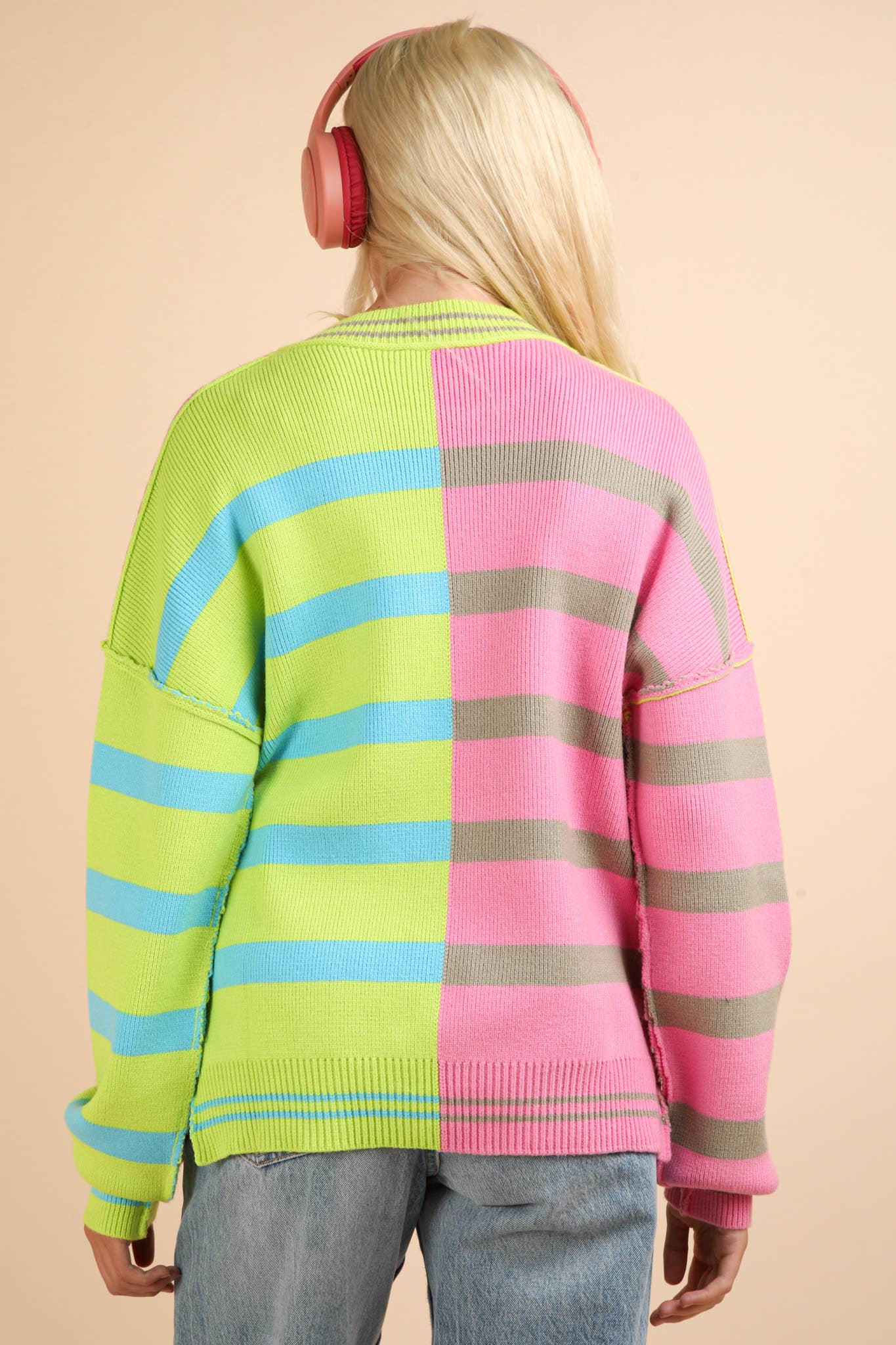 12W3185N-Color Block Oversized Striped Knit Sweater Top